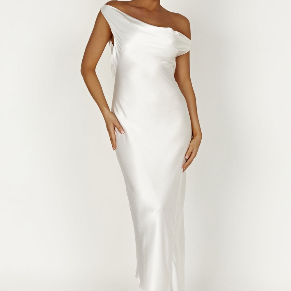Meshki Yvette Slip Maxi Dress with Asymmetrical Hem White